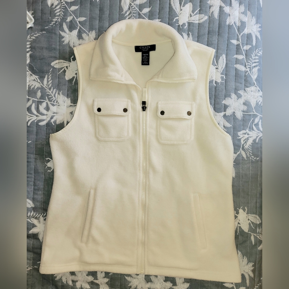 Chaps Fleece Vest Womens Petite Medium Ivory Full Zip Fold Down Collar Pockets